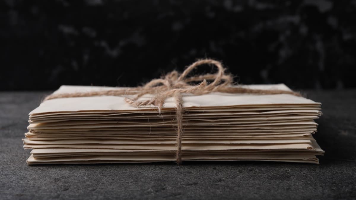 A thick stack of aged, cream-colored letters and envelopes tied with twine on a dark stone surface