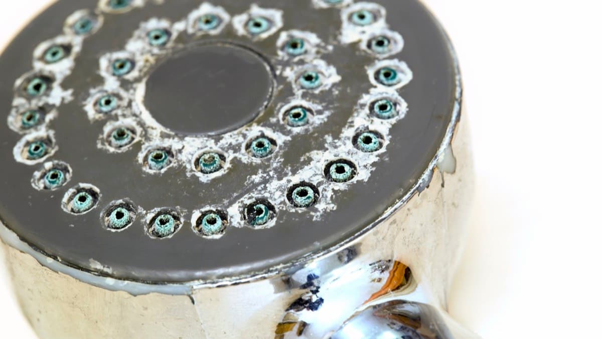 Close-up of a chrome showerhead with white mineral scale crusted around its nozzles