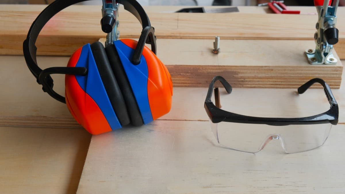Orange and blue earmuffs beside a pair of clear safety glasses on a plywood workbench with toggle clamps
