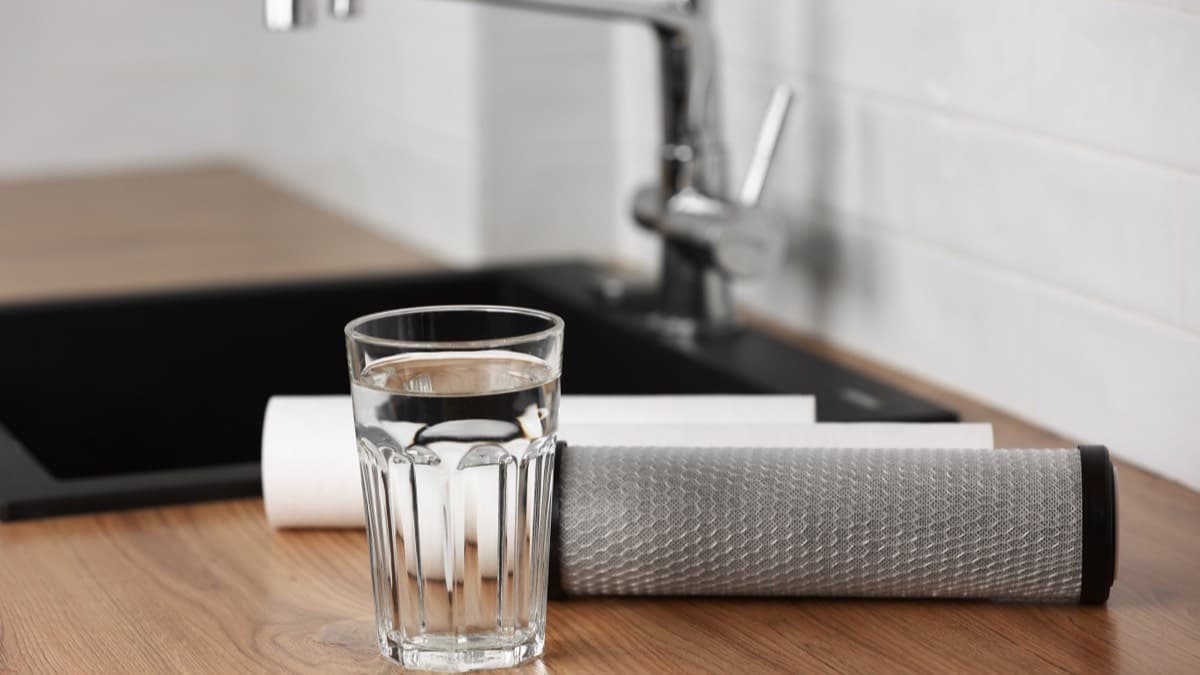 A glass of filtered water beside two water filter cartridges on a wooden kitchen counter below the faucet