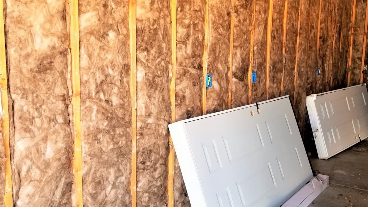 Paper-faced fiberglass insulation batts stapled between the studs of a new wall, with white doors leaning against it
