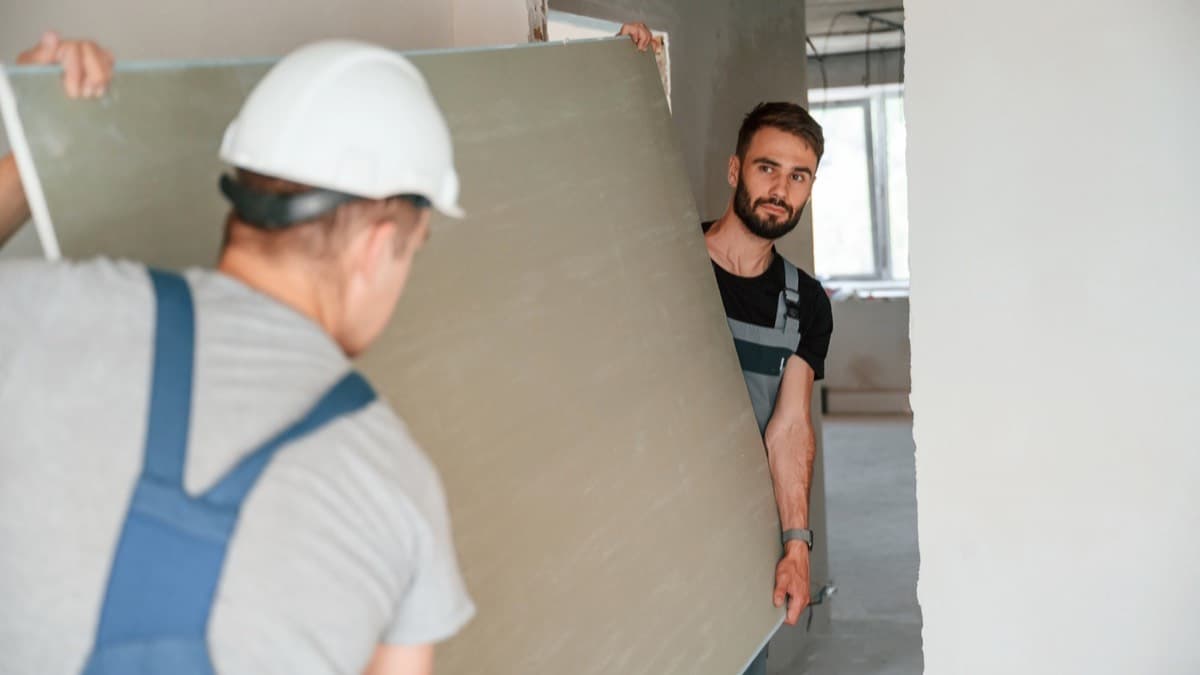 Two workers in hard hats carrying a drywall sheet together through a doorway