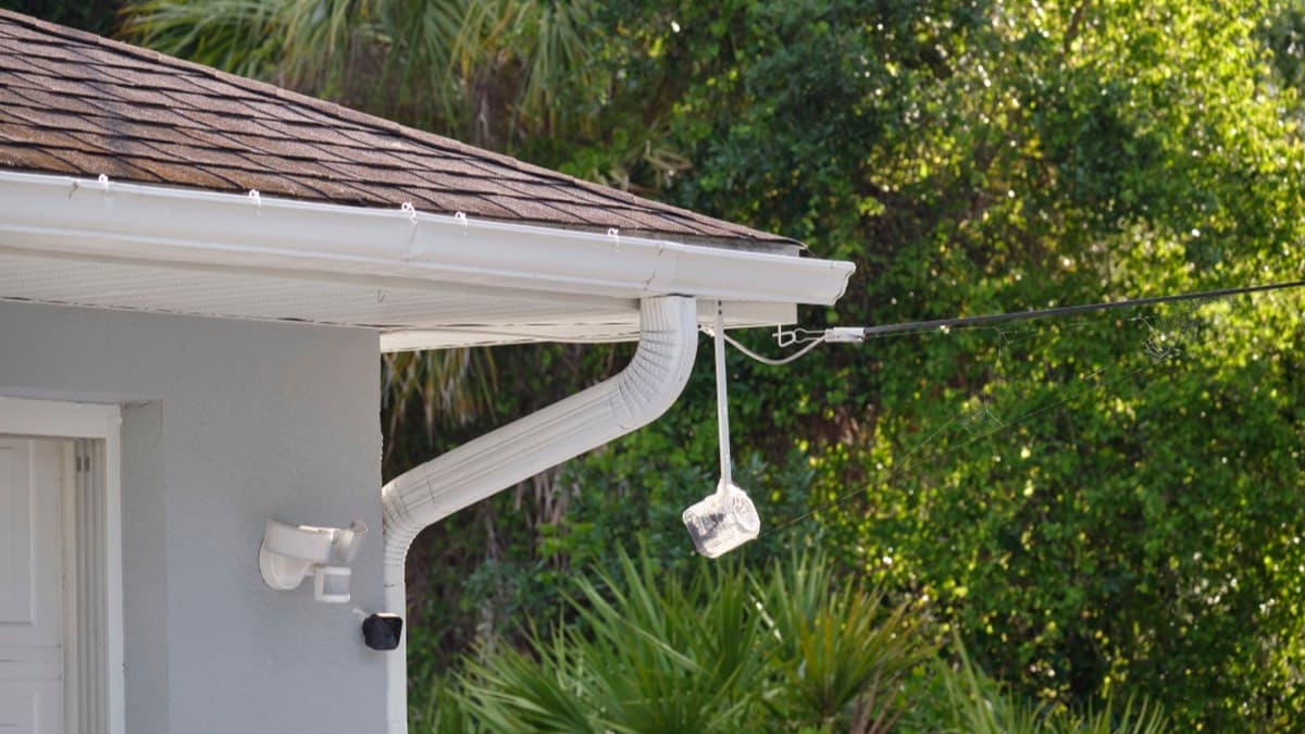 A floodlight security camera mounted under the eave of a house beside the gutter