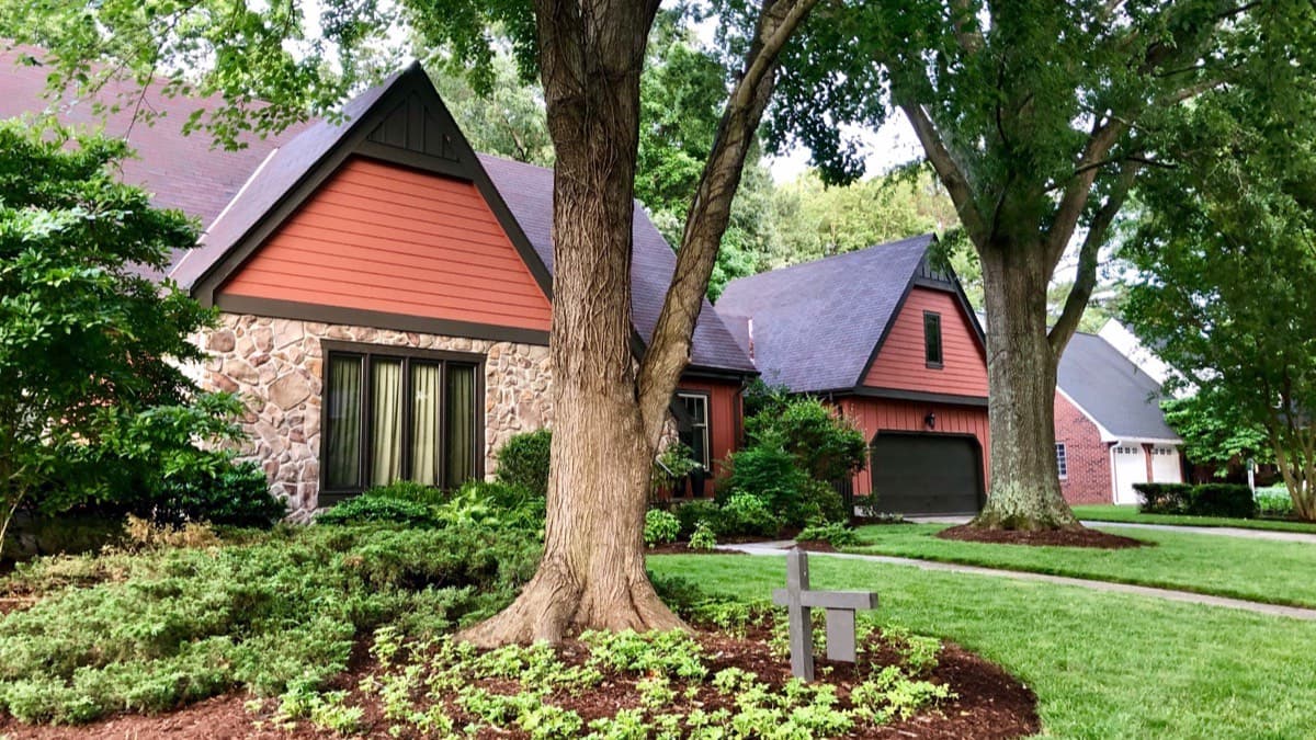 Mature shade trees spreading over the lawn of a brick suburban house