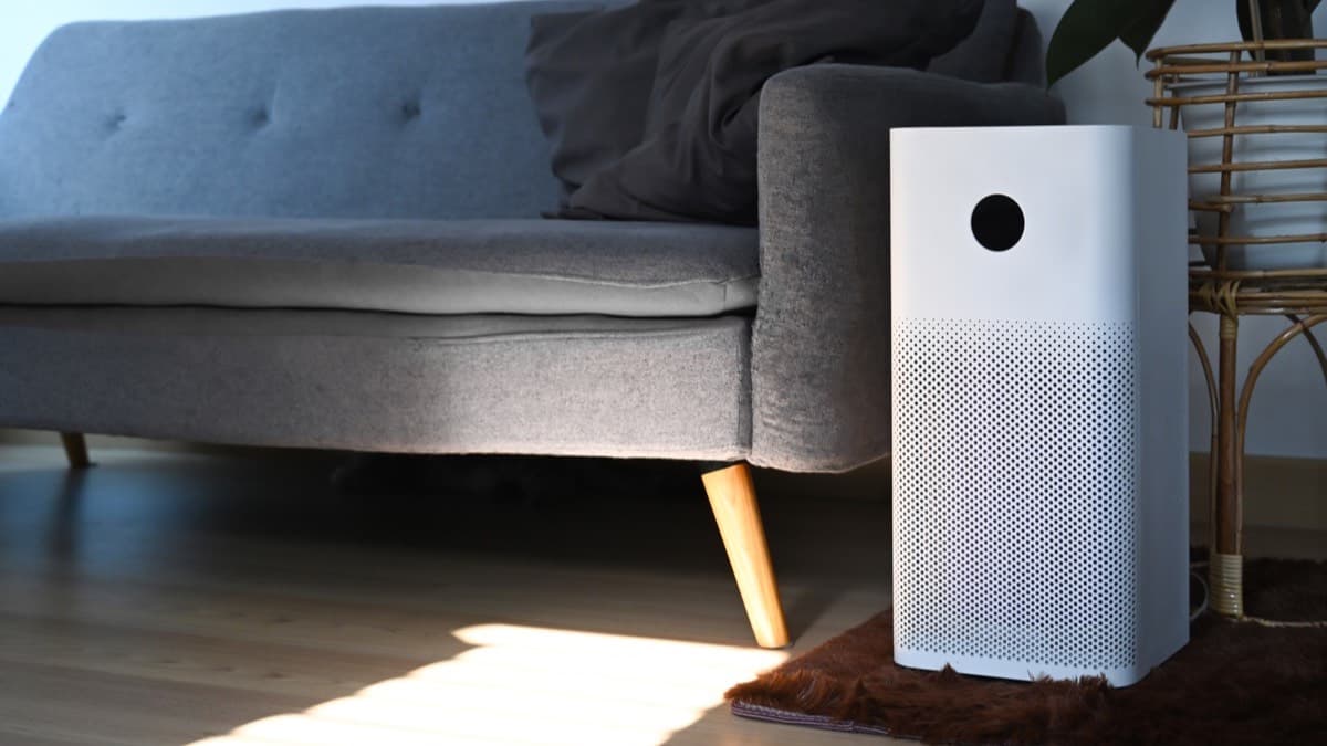 A white portable air cleaner on a rug beside a gray sofa