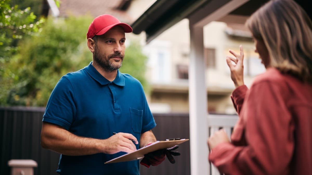A contractor with a clipboard talking with a homeowner at the front door