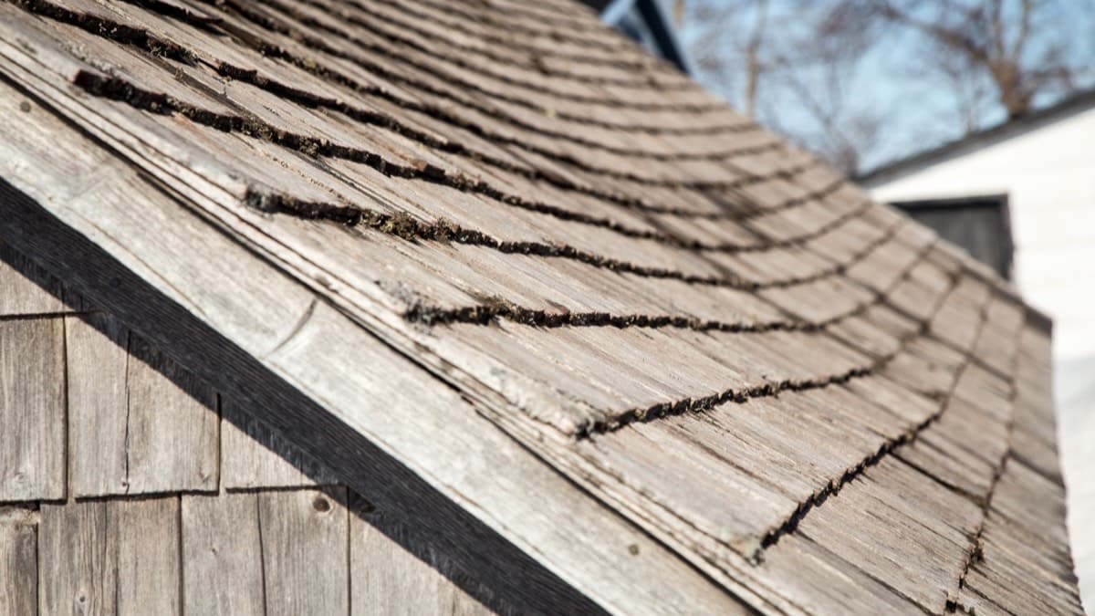 Weathered, aging cedar shingles on a house roof