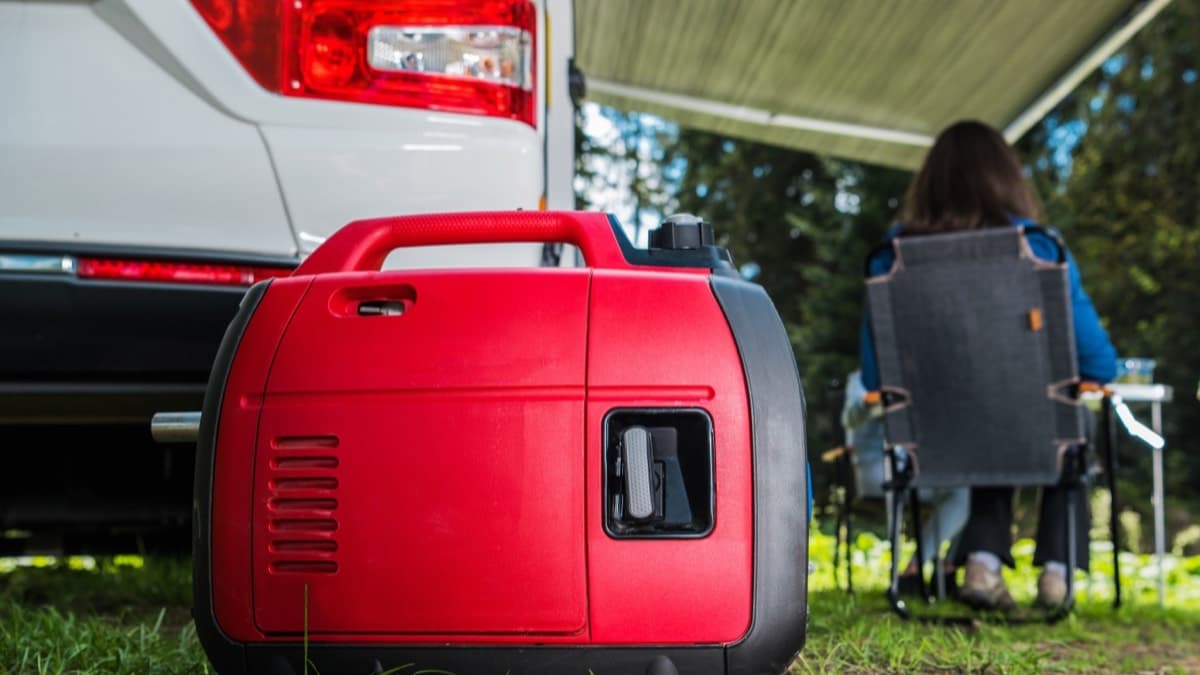 A red portable generator on open grass outdoors, set apart from a parked van