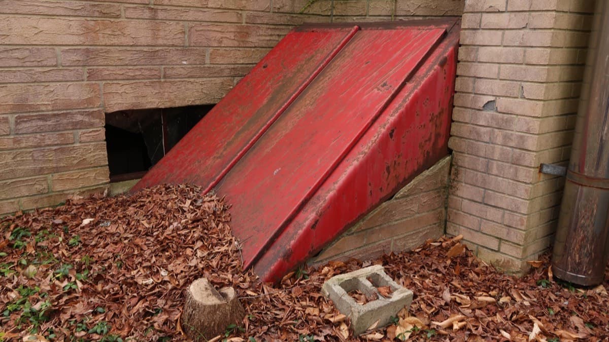Red metal cellar doors set into the brick foundation of a house