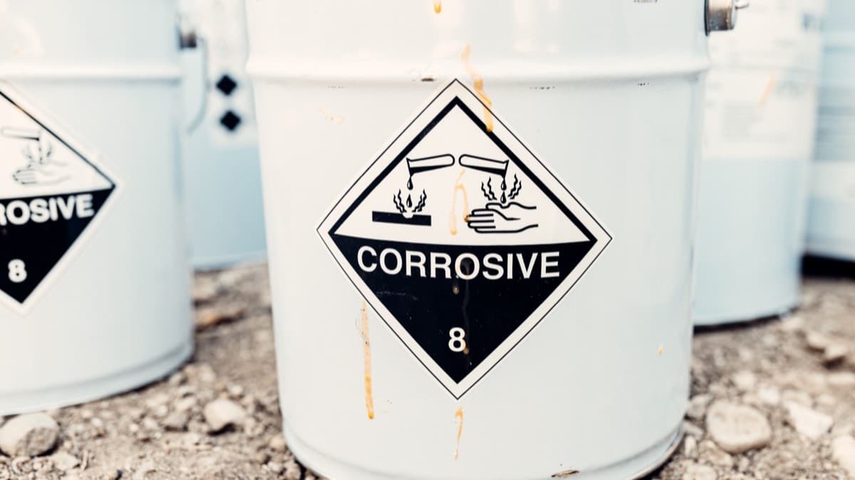 White metal pails marked with a Corrosive 8 hazard label