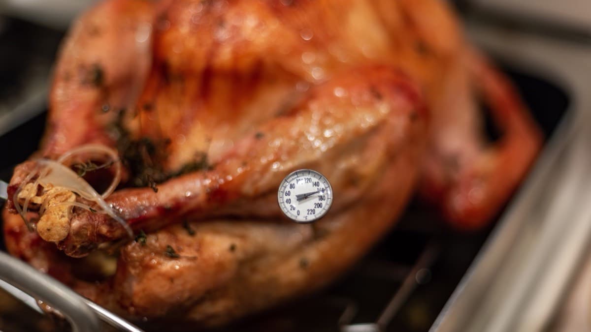 A roasted turkey on a rack in a roasting pan with a meat thermometer in the thigh