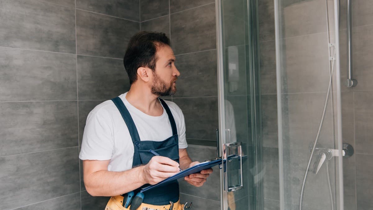 A repair worker with a clipboard checking a shower in a tiled bathroom