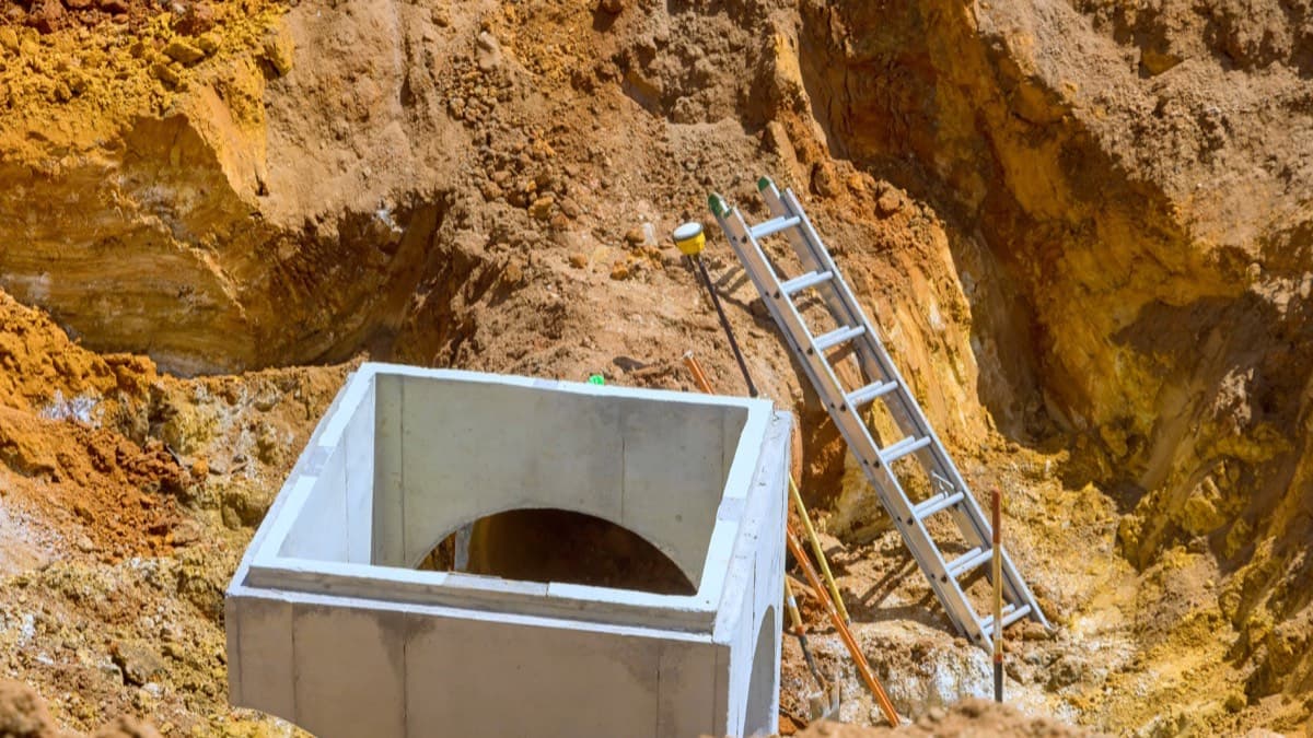 A deep excavation with a ladder leaning against its wall beside a concrete utility box
