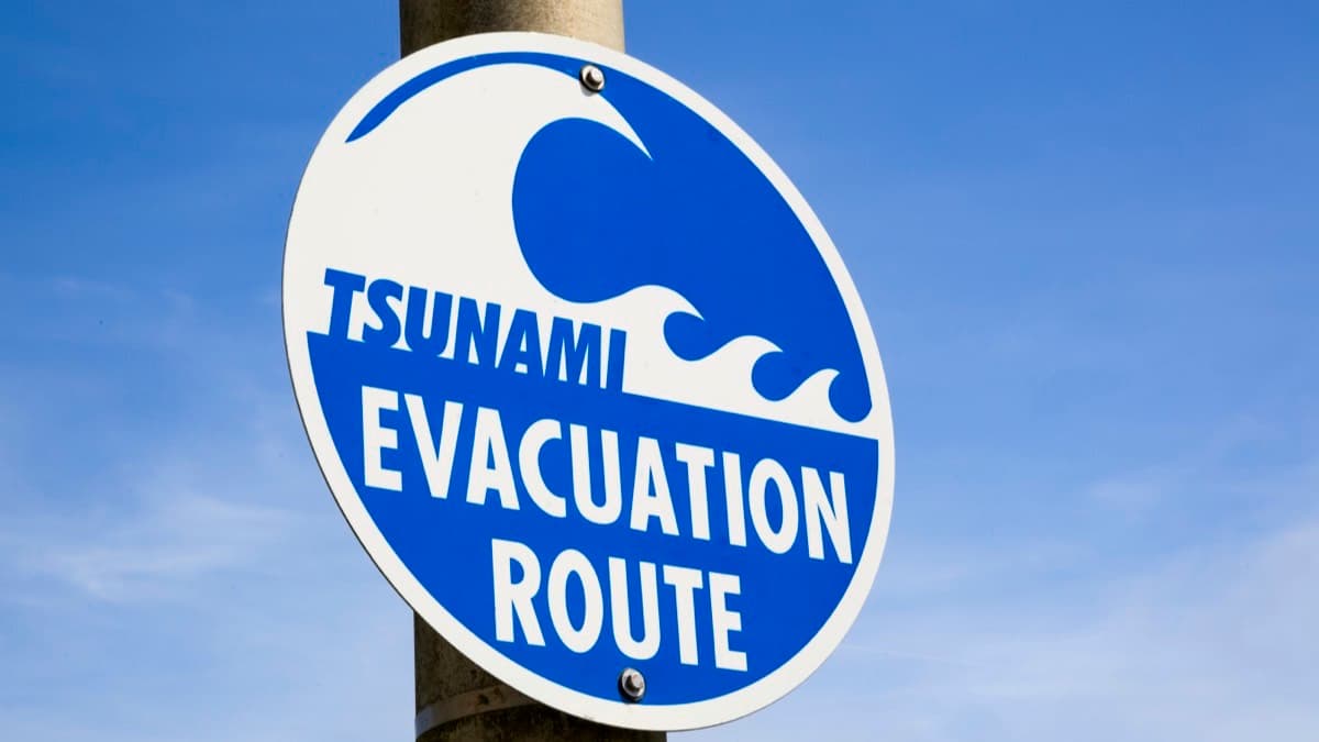 A blue and white tsunami evacuation route sign on a pole
