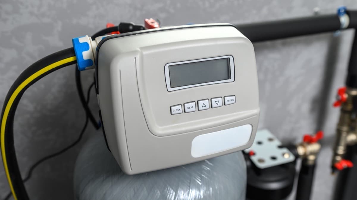 The control head on top of a home water softener tank