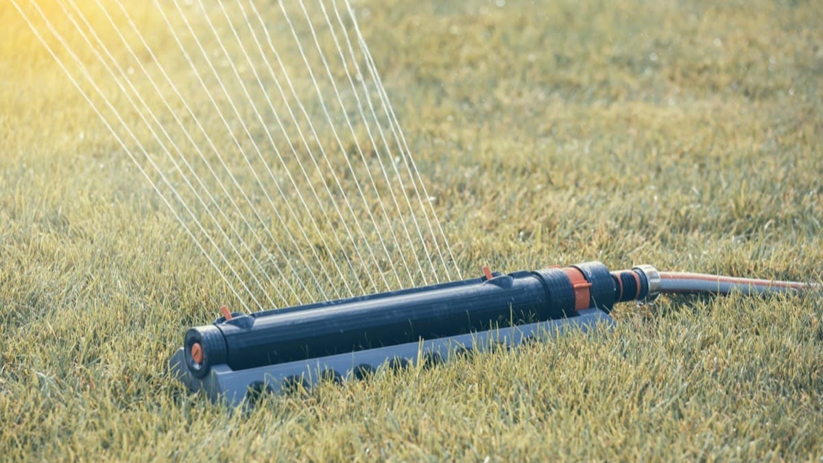 An oscillating sprinkler spraying water across a sunlit lawn