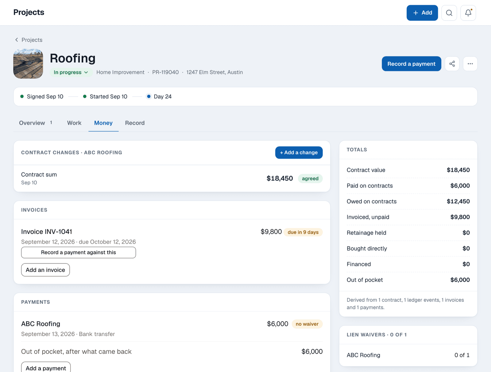 Invoices, payments and the job's totals